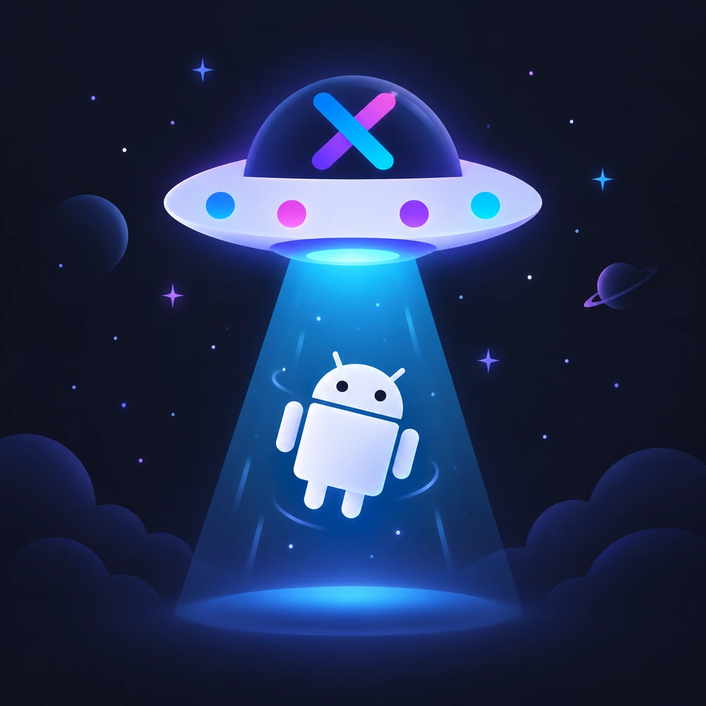 A Glixo UFO beaming up a little Android robot