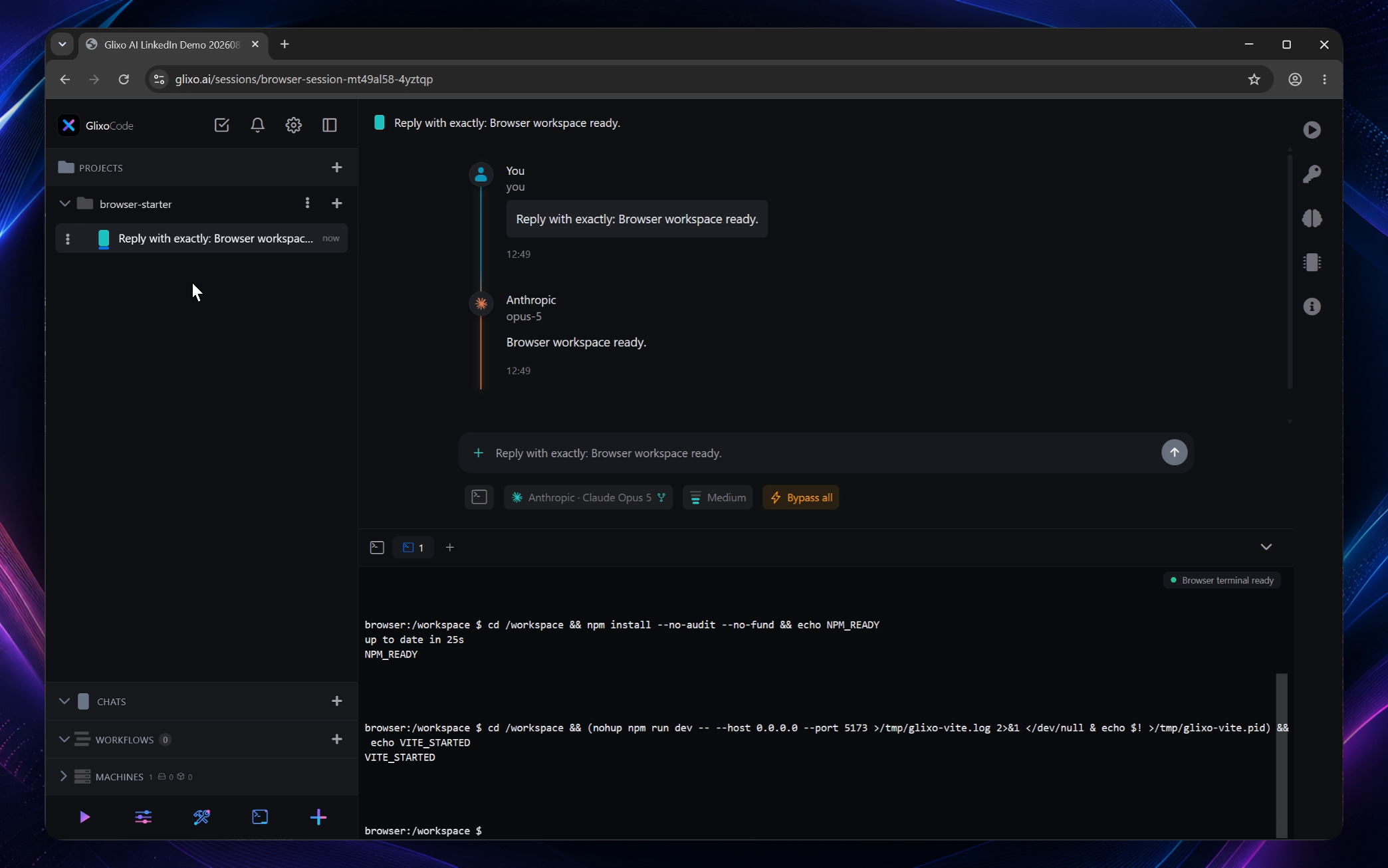 Browser Linux workspace in Glixo Code