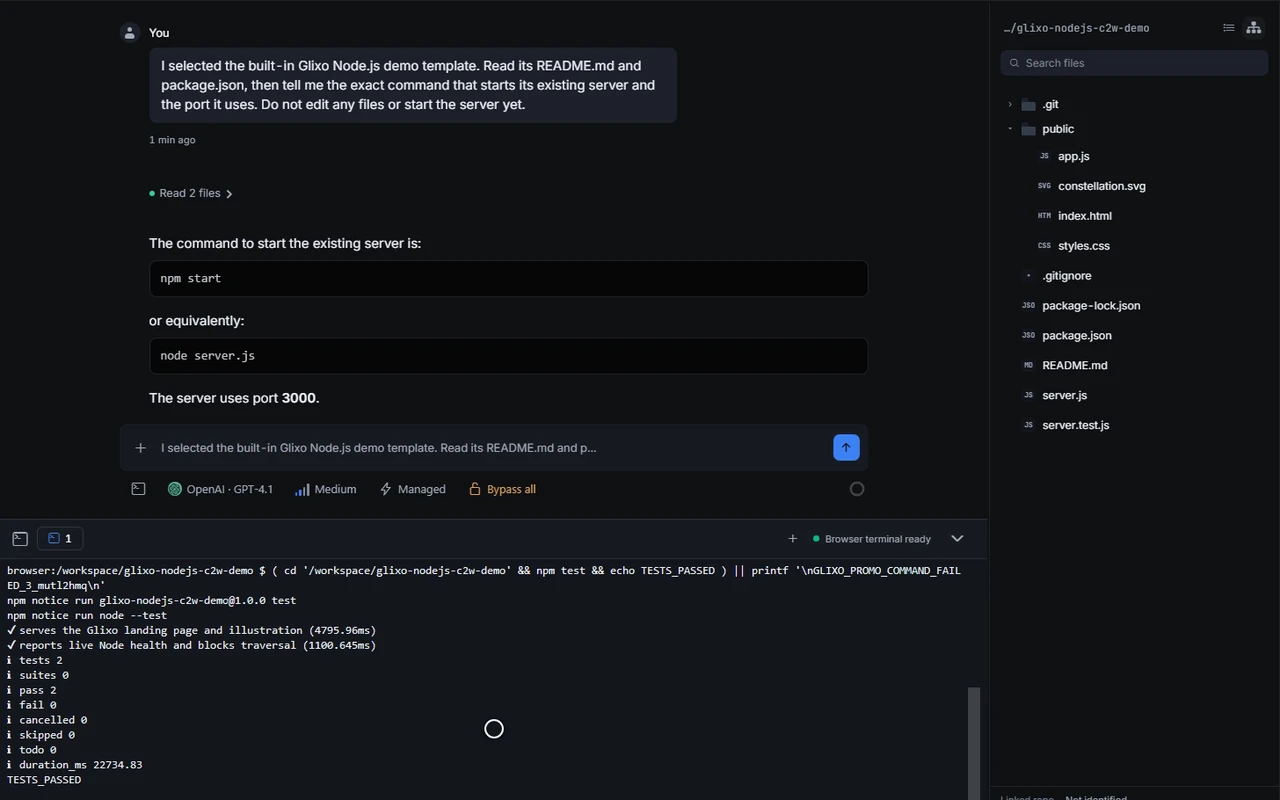 A Glixo browser workspace with project files and terminal test output