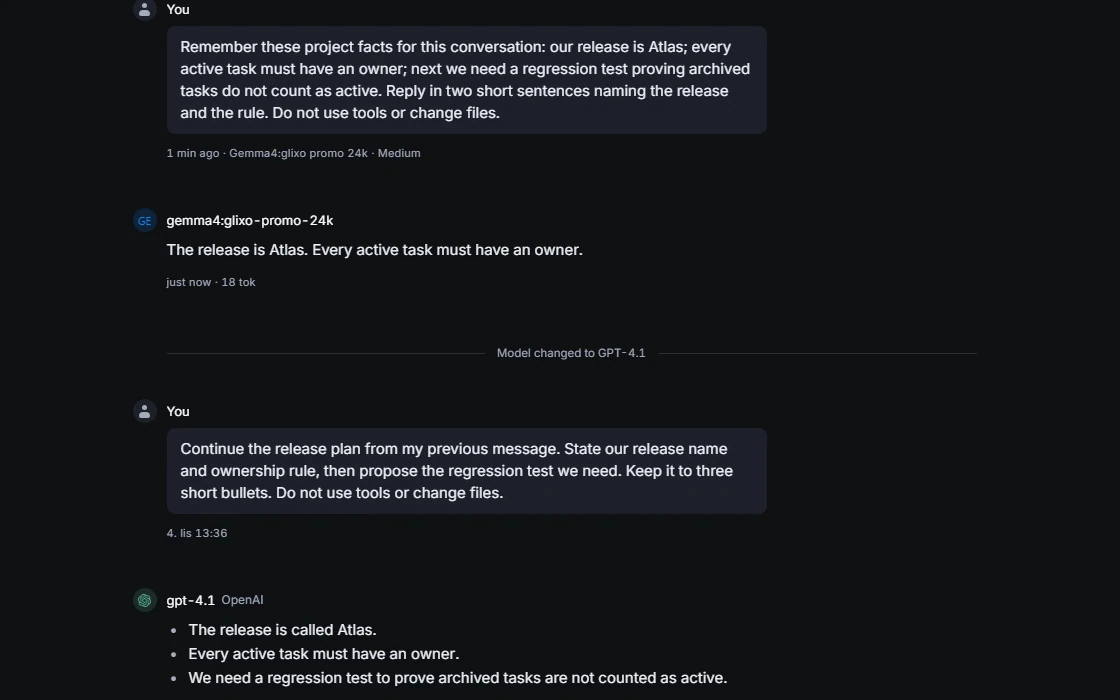 One conversation switching from local Gemma to cloud GPT-4.1