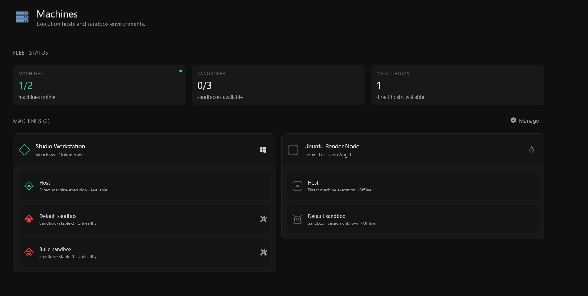 Glixo Code Machines dashboard: fleet status with machines, sandboxes, and direct hosts, plus per-machine hosts and sandbox environments across a Windows workstation and a Linux render node
