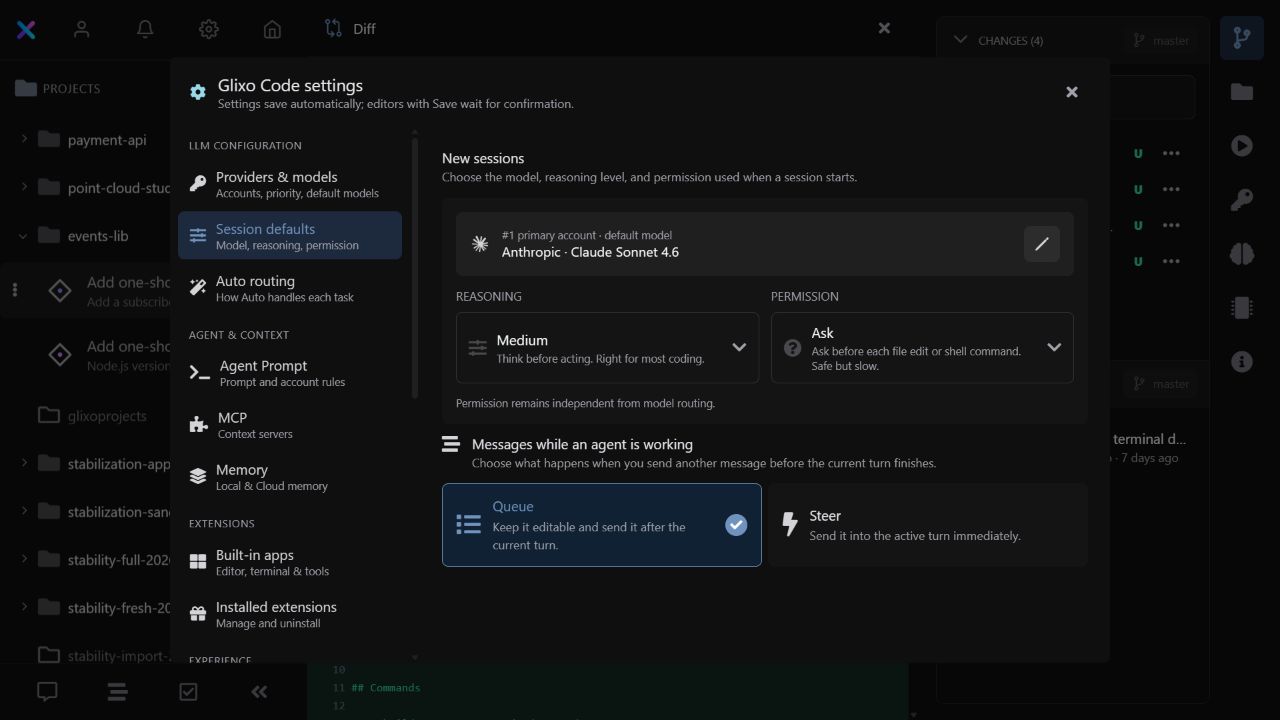 Glixo Code settings — providers, memory, MCP, extensions