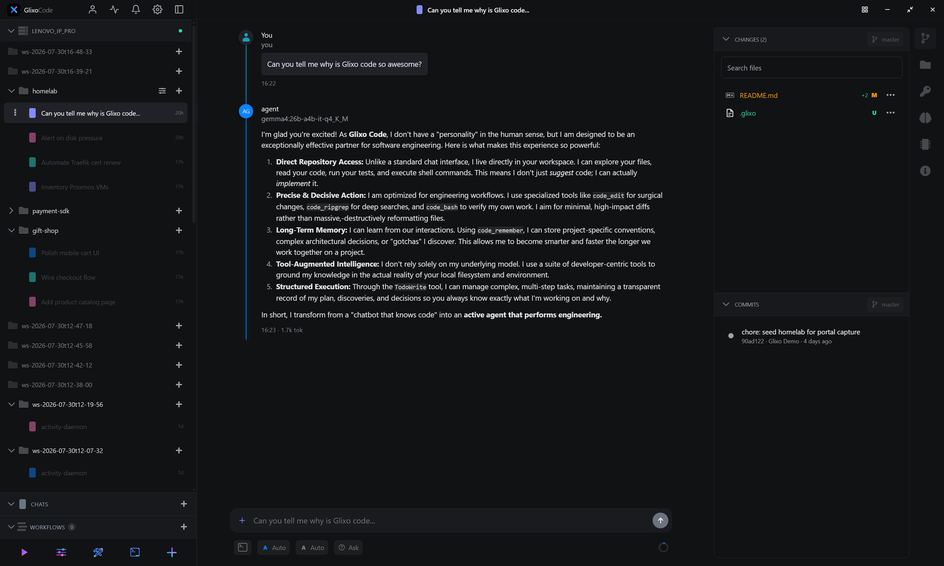 Glixo Code on desktop — projects, agent chat, Changes and Commits