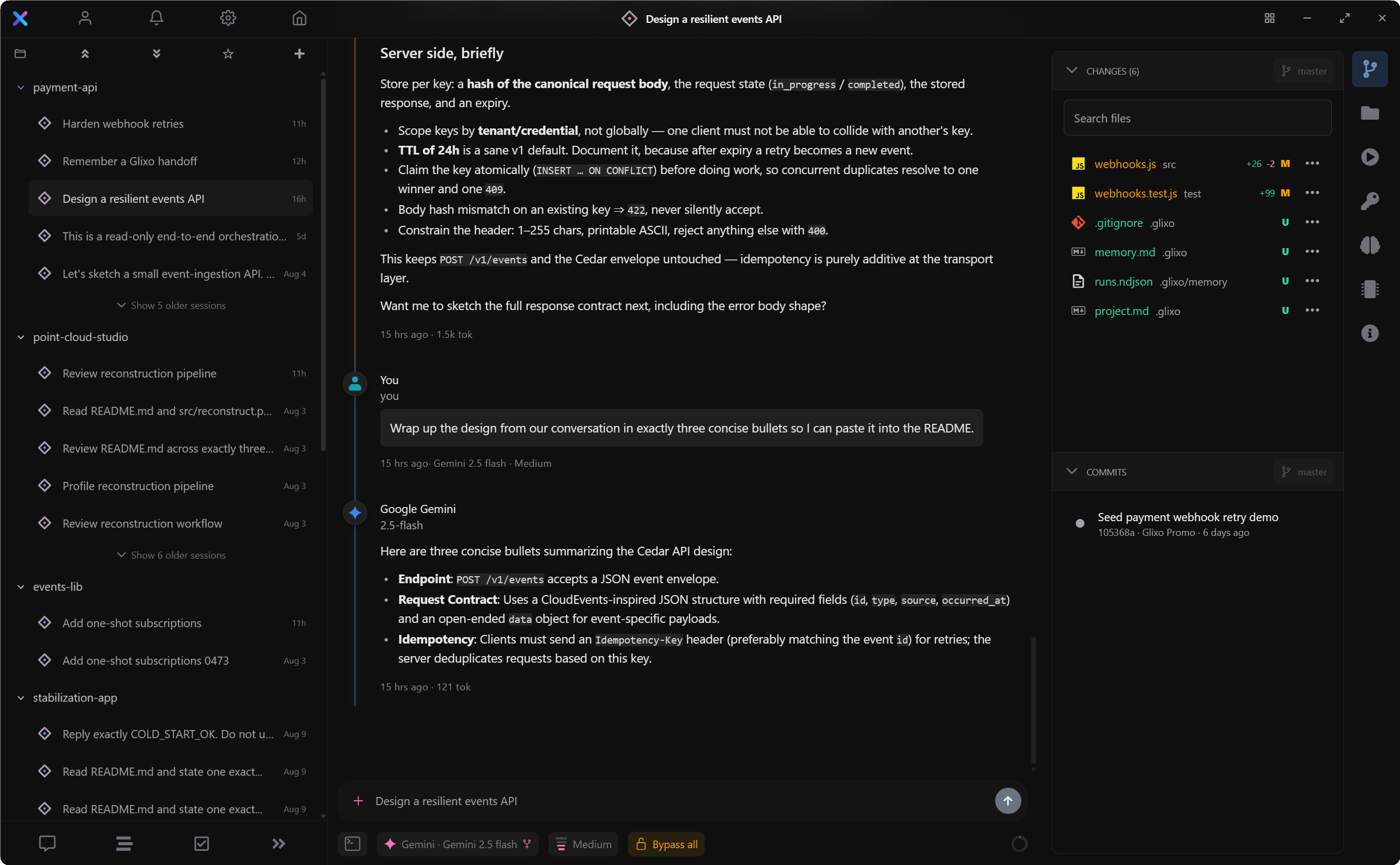 Glixo Code desktop — a live coding-agent session with changed files and commits